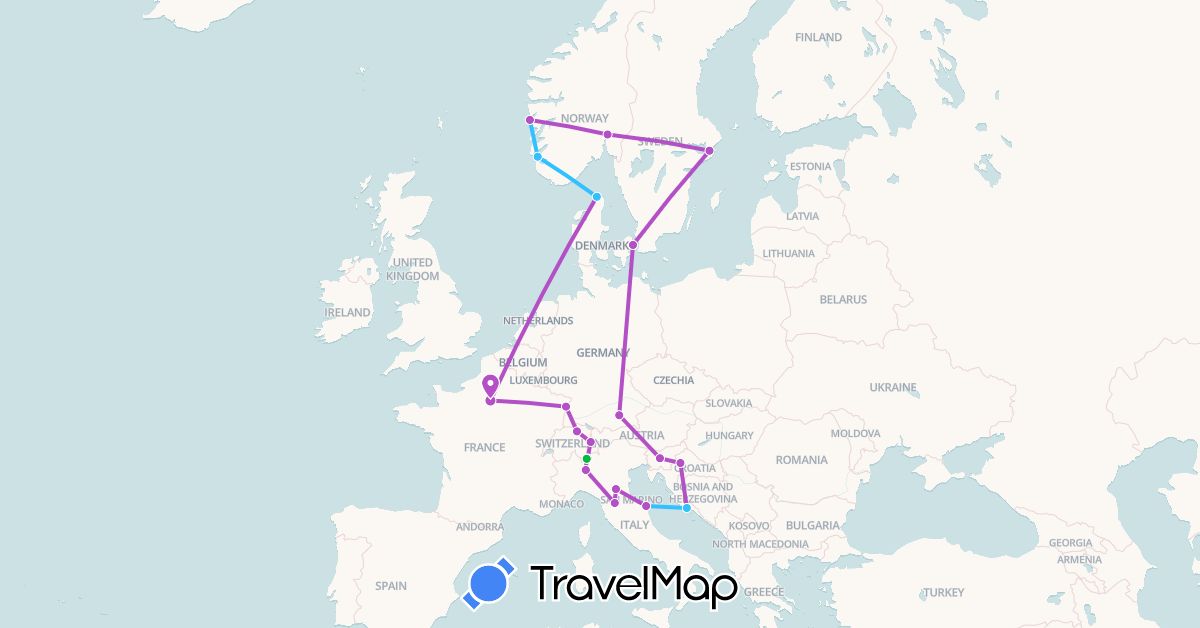 TravelMap itinerary: driving, bus, train, boat in Switzerland, Germany, Denmark, France, Croatia, Italy, Norway, Sweden, Slovenia (Europe)